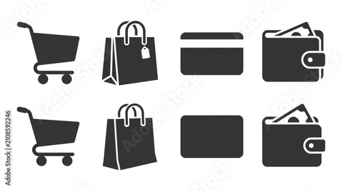 E-Commerce, Shopping Bag, Credit Card, and Wallet Glyph Icon Set Vector Illustration