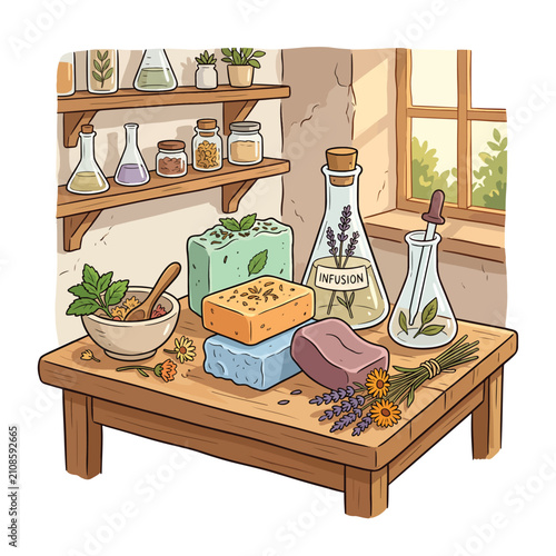 Fotografía Wooden table with assorted wine glasses and bottles.