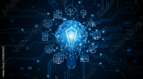 Creative light bulb technology. Innovation of electric light bulbs or future energy. Global internet connection concept for business.