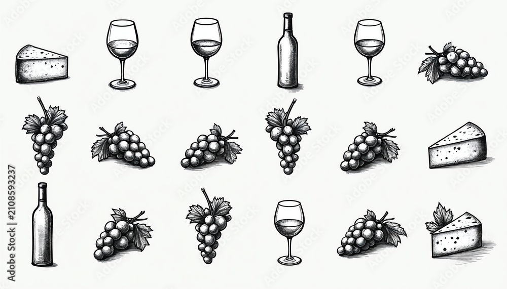 Obraz premium Collection of hand-drawn wine elements including bottles glasses grapes cheese slices. Ink line art sketch style icons useful for menus or invitations. Vintage graphic design asset.