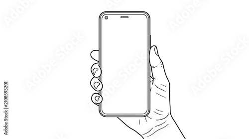 Hand Holding Smartphone Mockup with Blank Screen Line Art Vector Illustration