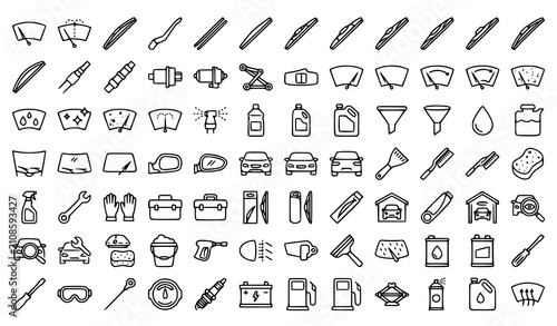 Car Windshield Wiper and Auto Detailing Service Line Icon Set Featuring Cleaning Tools, Maintenance Equipment, and Garage Supplies for Automotive Repair Mobile Applications