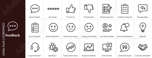 Feedback and Customer Satisfaction Line Icon Set - Minimalist Survey, User Review, and Rating UI Outline Vector Illustrations
