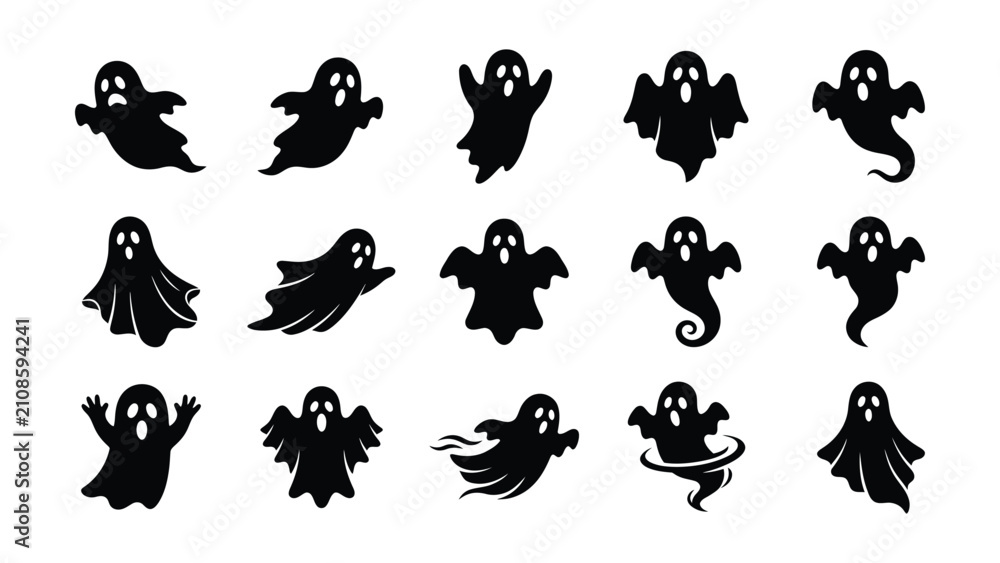 Fototapeta premium Collection of surprised ghost silhouettes isolated on white background. Ideal for spooky Halloween party invitations.