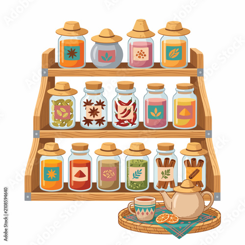 Fotografía Assorted jars of homemade preserves and condiments on wooden shelf
