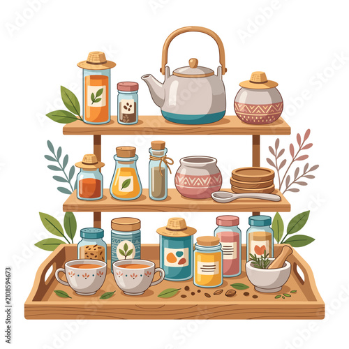 Cuadro en lienzo Assortment of colorful preserved vegetables and condiments on wooden shelf