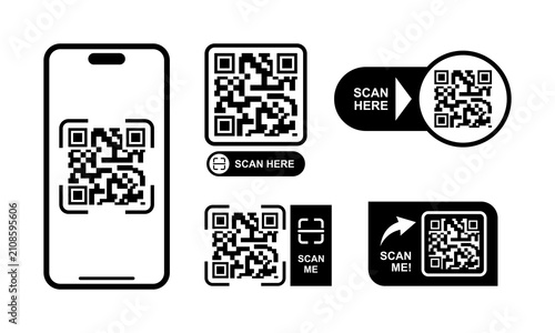 Set of minimalist QR code scan icons featuring smartphone scanning interface, scan here and scan me labels, modern QR code frames, mobile payment.