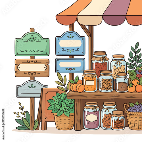 Assortment of fresh vegetables and herbs in wooden crates.