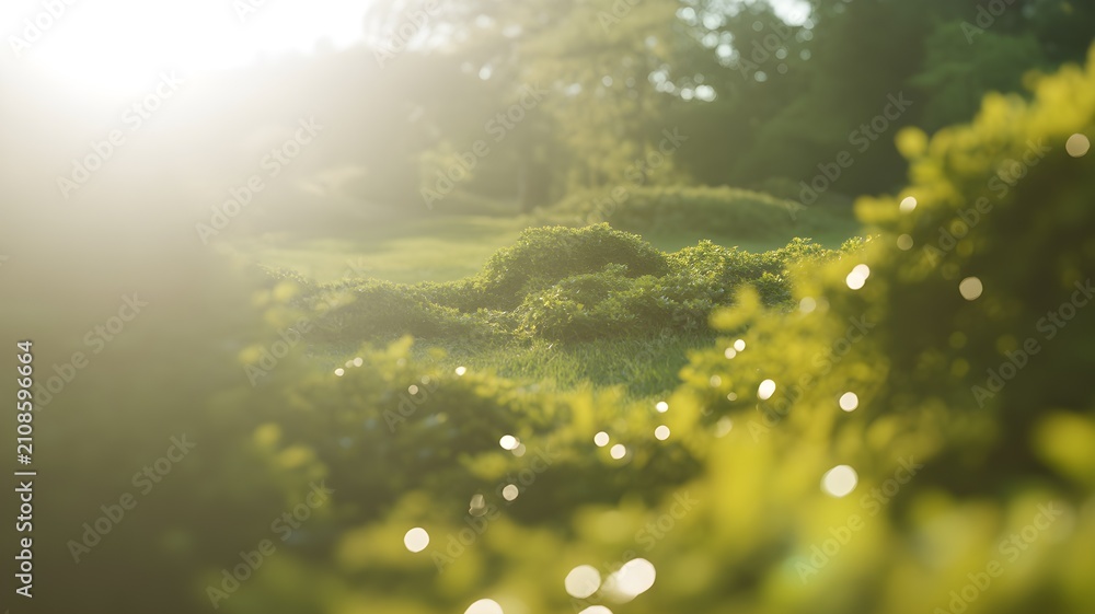 Obraz premium Sunlight streaming through lush green foliage in a peaceful park setting with soft bokeh and lens flare