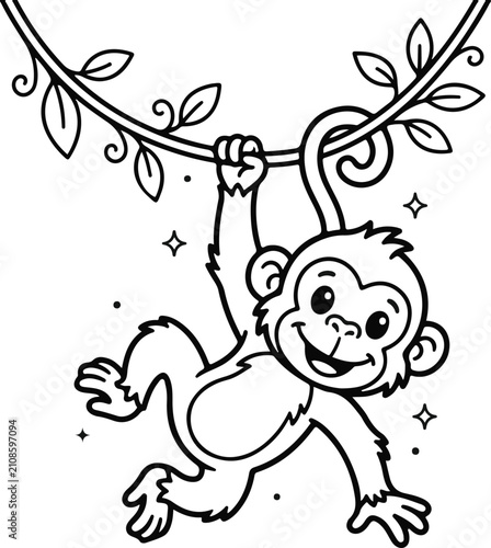 Photography Cute cartoon monkey hanging from tree branches