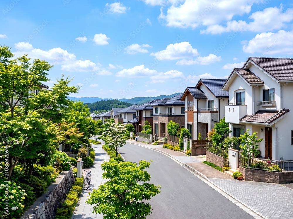 Obraz premium 青空と新緑が美しい戸建て住宅が並ぶ日本の街並み風景