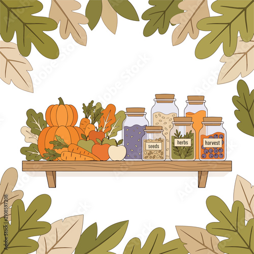 Autumn harvest basket with pumpkins and preserves on wooden shelf.