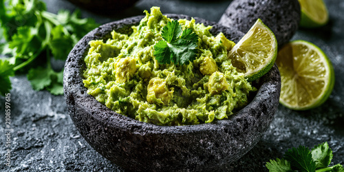 Lime and cilantro pesto in a stone mortar on a dark slate surface