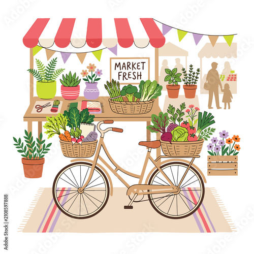 Colorful bicycle loaded with fresh vegetables and herbs.