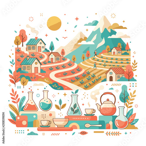 Colorful cartoon illustration of a small town with houses and shops 1.