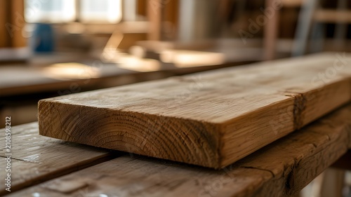 Closeup of a roughhewn wooden plank resting on a workbench in a carpentry workshop, showcasing natural wood grain texture and craftsmanship