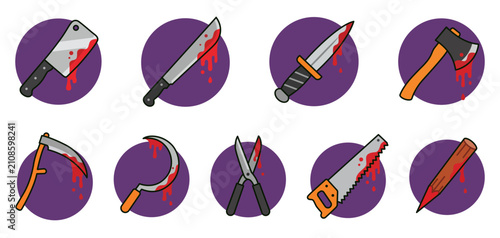 Bloody cold steel weapons and sharp tools icons set. Halloween illustrations stickers. Collection of bloody cleaver, machete, combat knife, axe, scythe, sickle, shears, saw, and wooden stake badges. 