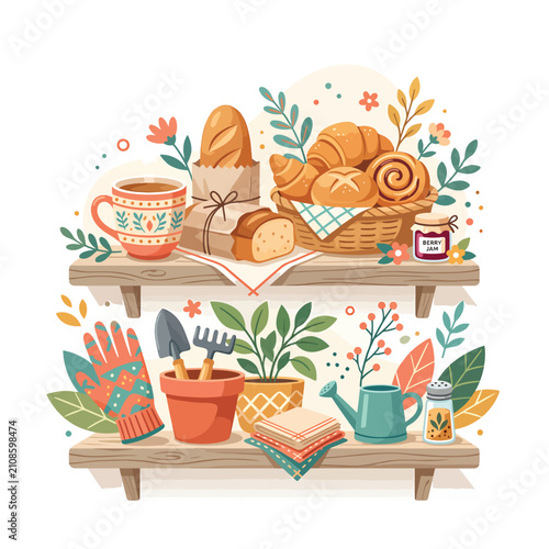 Colorful cartoon illustration of a diverse kitchen scene with various foods and utensils.