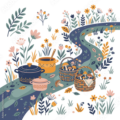 Colorful ceramic pots with blooming spring flowers on blue background.
