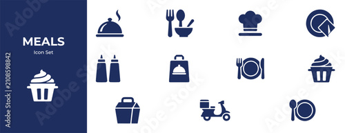 Meals icon set food service dining and cooking related glyphs for design projects