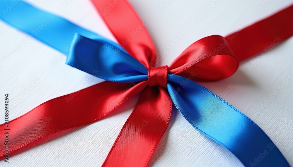 Fototapeta premium Close-up shot of red and blue satin ribbons tied into a decorative bow. Shiny fabric material arranged neatly on a clean white surface, creating a festive aesthetic.