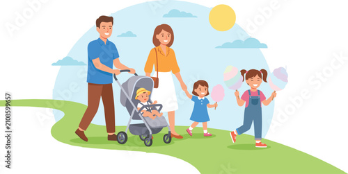 Happy family walking in park with children and baby stroller vector illustration