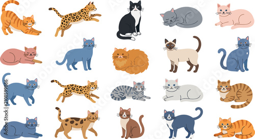 Set of cute cartoon cats in different poses and breeds vector illustration collection