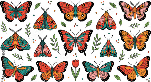 Set of hand drawn butterflies and moths vector illustration with floral elements collection