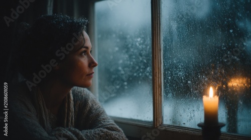 Contemplative Woman Looking Out Through a Rainy Window by Candlelight in a Cozy Room