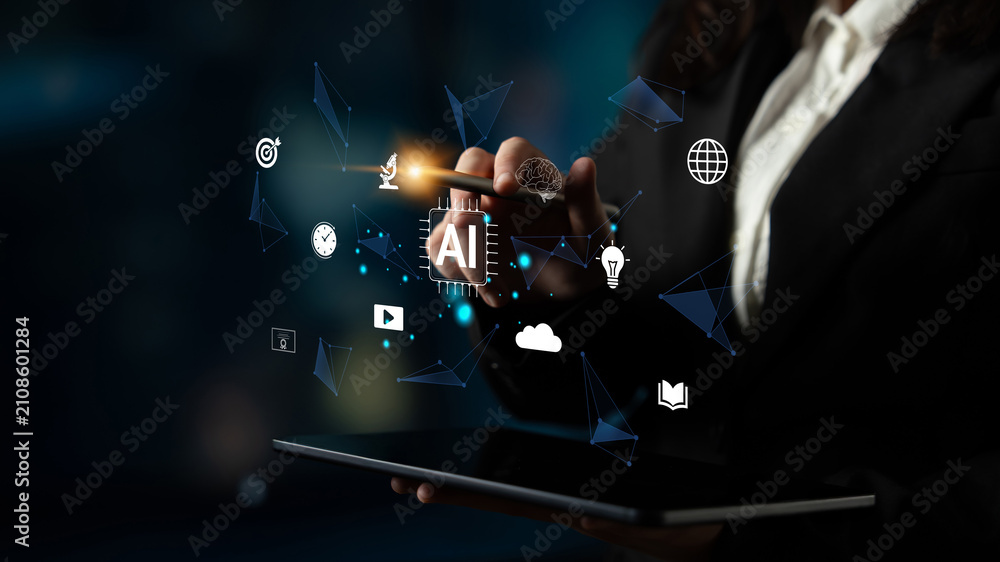 Obraz premium Business professional interacting with futuristic artificial intelligence interface while holding tablet in dark atmosphere with glowing icons Haptic.