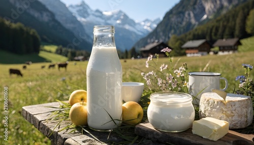 Dairy products and apples on a wooden table with a mountain village backdrop