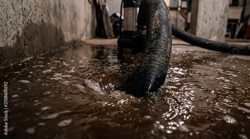 Submersible pump draining flood water from basement floor.