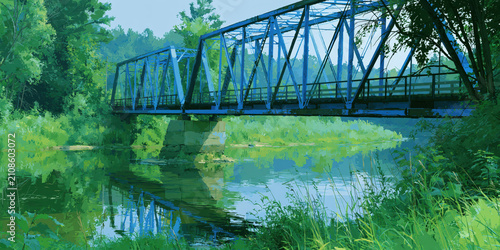 Blue Metal Bridge Spanning Calm River Surrounded by Lush Green Trees