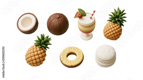 Cute tropical fruit icon set with halved coconut whole coconut pina colada pineapple ring and coconut macaroon isolated on transparent background for summer menu design
