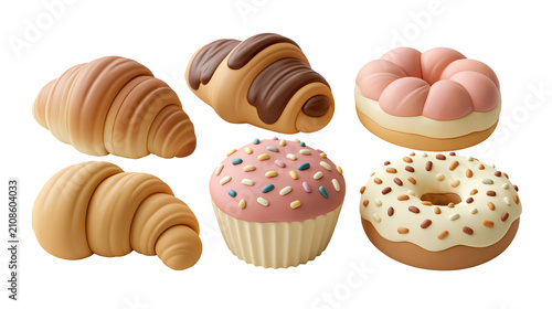 Delightful bakery pastry icon collection with plain croissant chocolate croissant pink donut cupcake and white sprinkle donut isolated on transparent background for morning bakery design