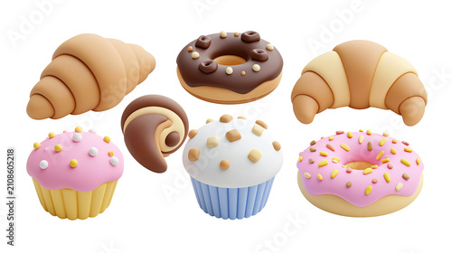 Sweet bakery pastry icon collection with croissant chocolate donut pain au chocolat pink cupcake blueberry muffin and sprinkle donut isolated on transparent background for cafe bakery design