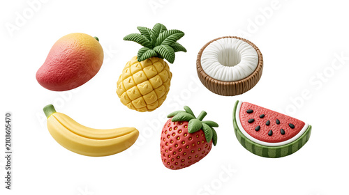 Sweet tropical fruit icon collection with ripe mango pineapple coconut banana strawberry and watermelon slice isolated on transparent background for tropical juice bar design