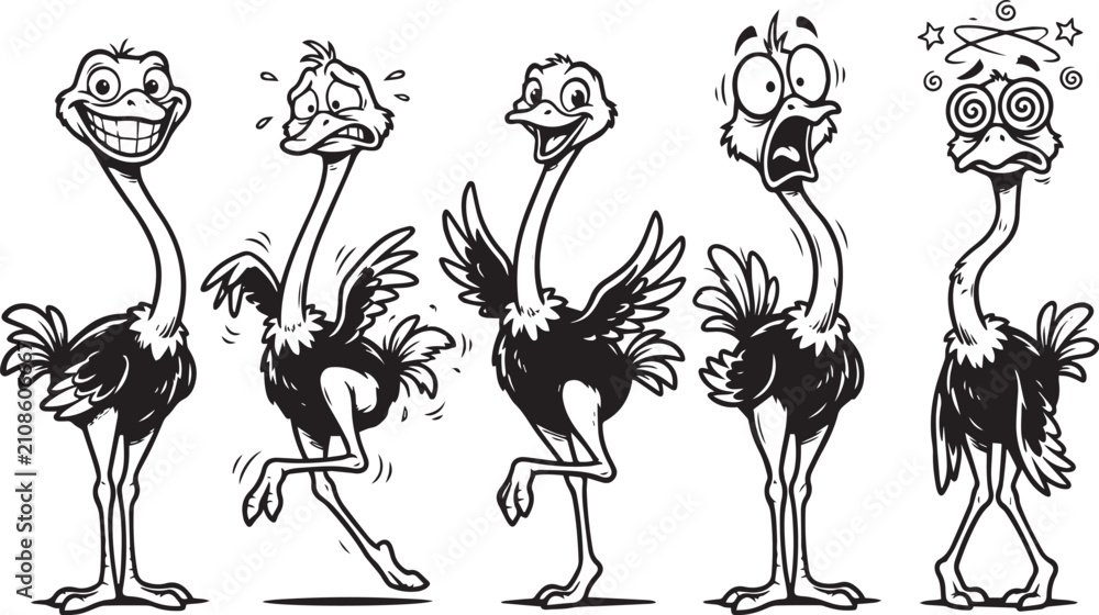 Fototapeta premium Set of ostriches. Hand drawn vector illustration