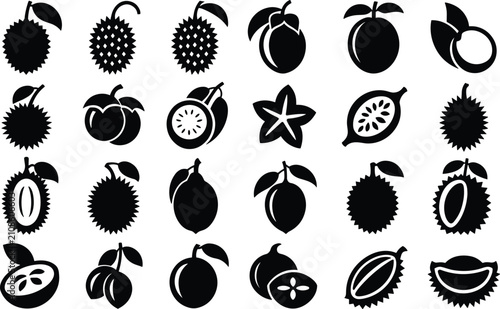 Canvastavla Exotic tropical fruit icons set featuring durian lychee carambola and mangosteen