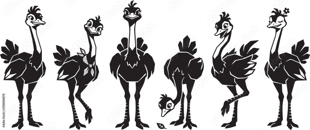 Fototapeta premium Set of ostriches. Hand drawn vector illustration