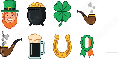 Foto Saint Patricks Day Vector Icon Set Featuring Leprechaun Head, Pot of Gold, Four