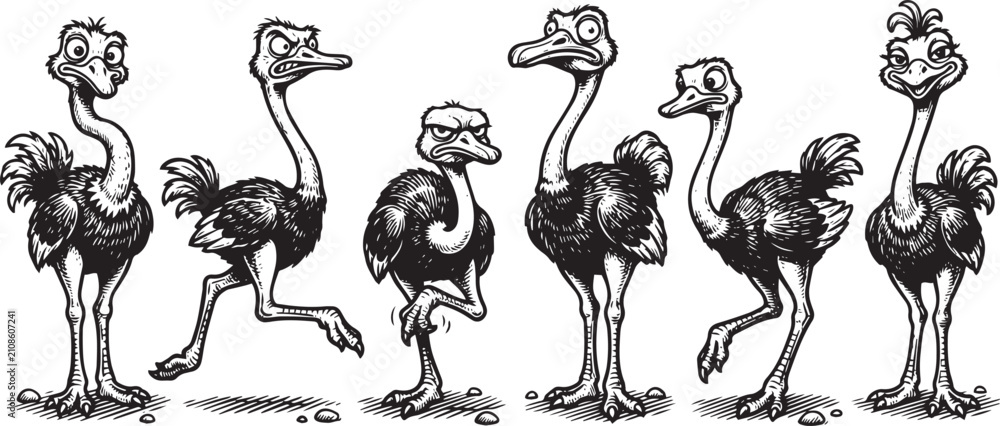 Fototapeta premium Set of ostriches. Hand drawn vector illustration