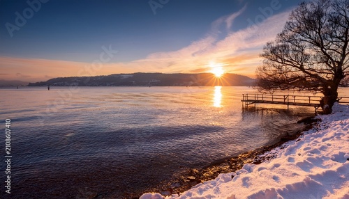 Wonderful Winter Landscape At Sunset At Northern Lake Constance