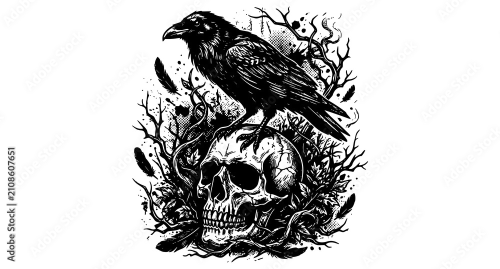 Obraz premium Dark Vintage Raven Skull Engraving Grunge Monochrome Vector T Shirt Illustration
