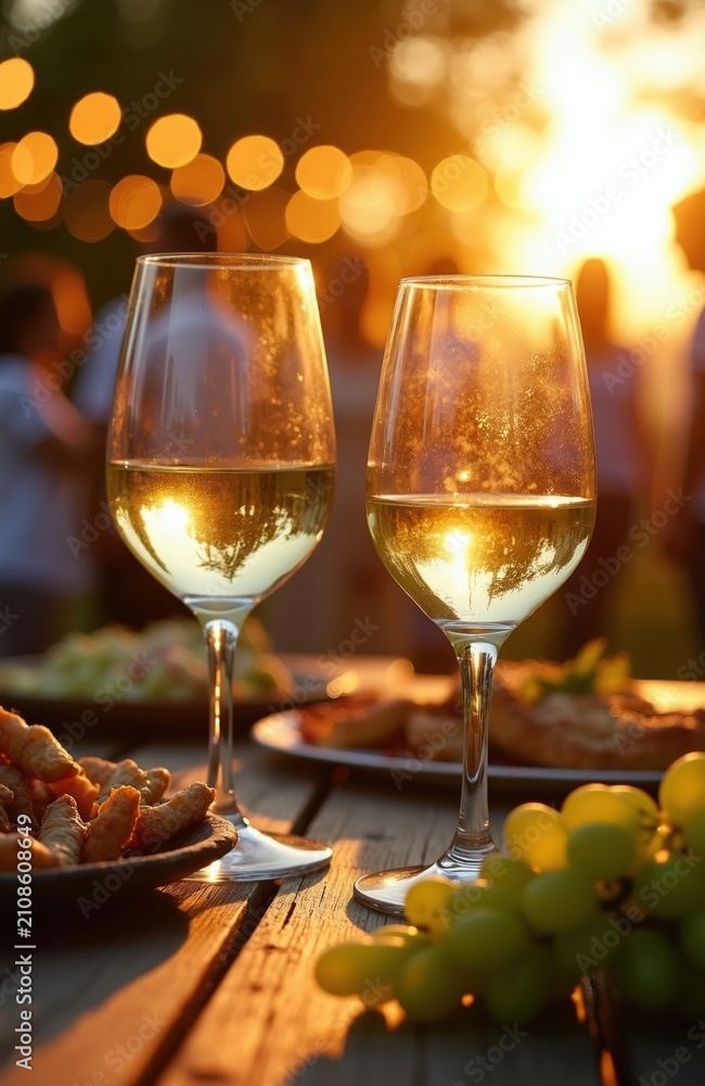 Fototapeta premium Two glasses filled with white wine sit on a wooden table. Appetizers and grapes are nearby. People gather in background with bokeh lights during sunset.