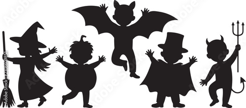 Bild auf Leinwand Black silhouettes of children dressed in Halloween fancy costumes to go trick or