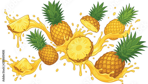 Bild auf Leinwand Fresh yellow pineapple fruit vector set with sweet yellow juice liquid splashes chunks slices and whole halves