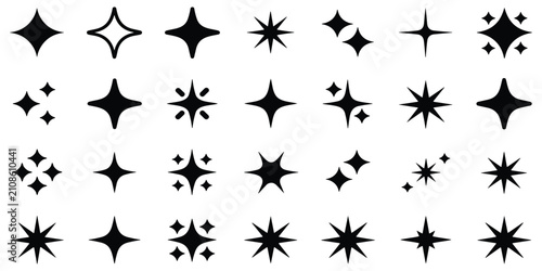 Diverse collection of decorative star icons and sparkle shapes isolated on transparent background