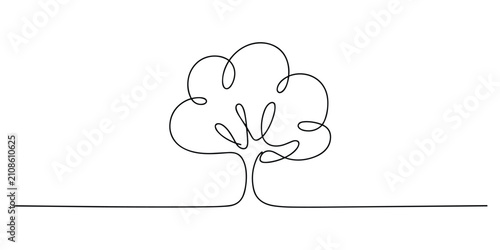 Single continuous line drawing of a tree with curly branches and roots on transparent background