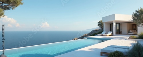 Modern villa with infinity pool faces sea cliff. Ocean view from minimalist architecture home. Sunny day, blue sky, calm water, chaise lounges ready for relaxation.